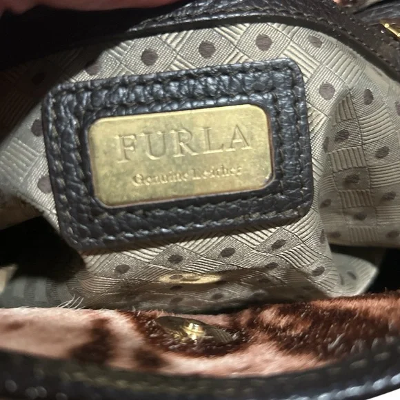 Furla Leather Trimmed Calf Hair Animal Print Satchel - Picture 10 of 11